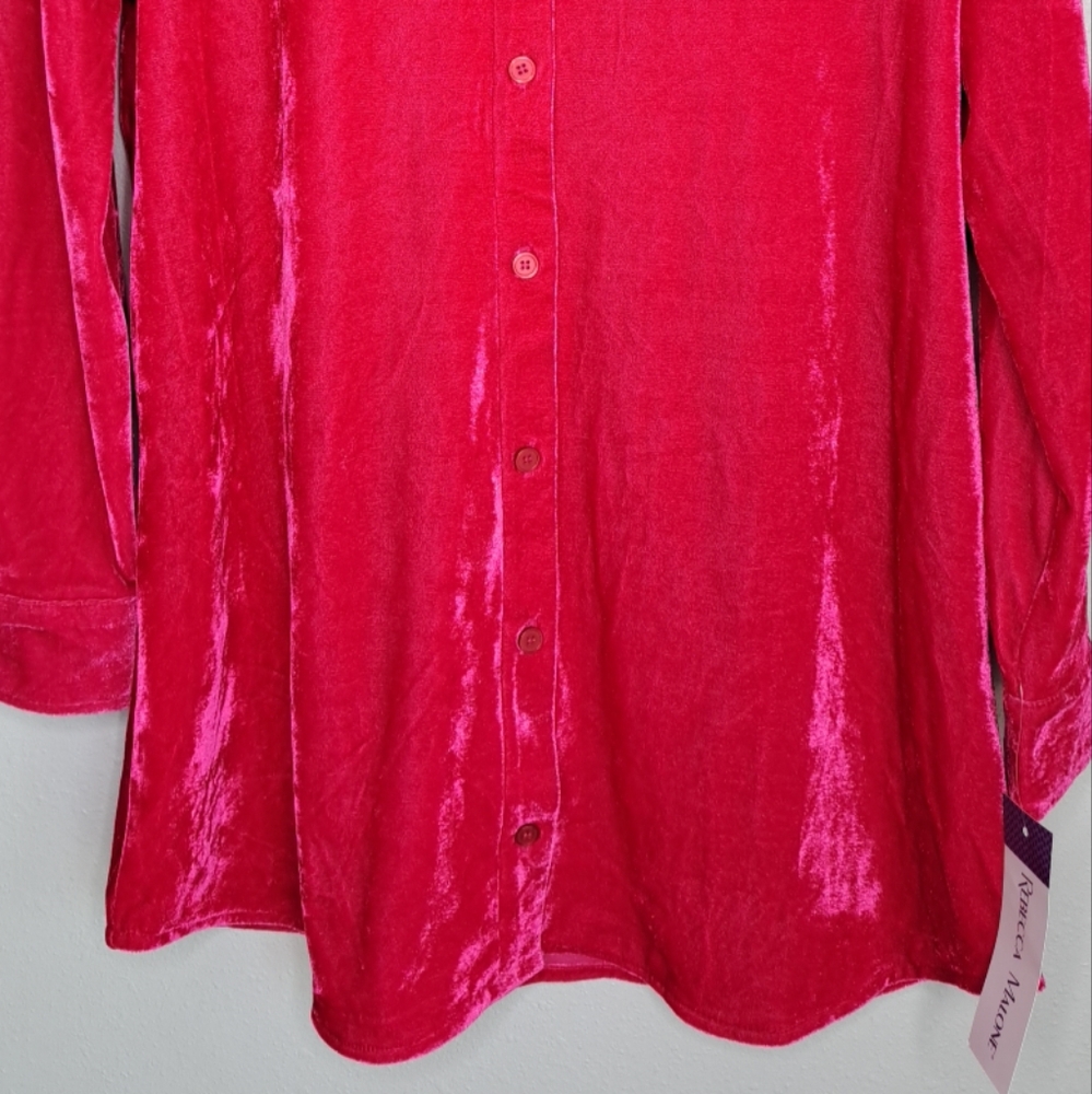 Rebecca Malone Fuchsia Pink Velvet Collared Button-up Tunic Blouse Long Slv S - Picture 6 of 11